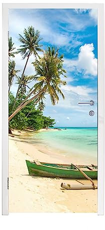 MuchoWow© Türtapete Türaufkleber Selbstklebende Tapete Tür Deko Strand - Kanu - Palme - Tropisch - 85x205 cm