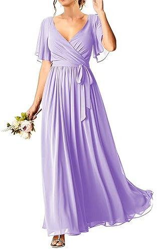 HPPEE Vestidos de fiesta de boda de manga corta para mujeres jóvenes de gasa largo maxi cuello en V vestidos de noche con bolsillos, Lila, 44