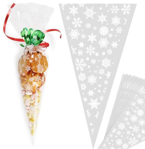 100 Stücke 30x16cm Süßigkeiten Cellophantüten Weihnachten Plätzchen Geschenktüten Transparent Klein Mit 2 Bändern