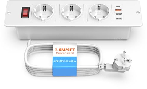 Ohuo Multipresa da incasso con USB C PD 20W, Ciabatta Elettrica Multipresa incasso con 3 Porte USB-A, Bianco, Cavo 1,8 m