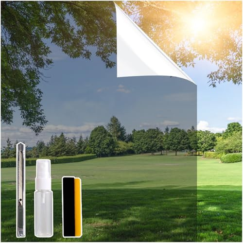 Spiegelfolie Fensterfolie Sichtschutz, Selbsthaftend Sonnenschutz Anti-UV Folie, Fensterfolie Sonnenschutz von innen durchsichtig von aussen Blickdicht (Silber, 44.5 * 300cm)