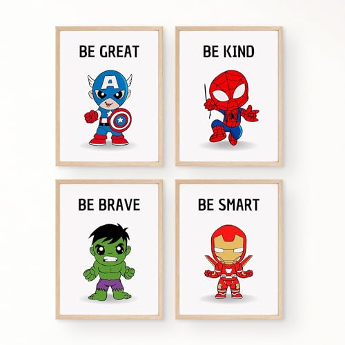 Superhero Wall Art for Boys - Set of 4 Prints with Positive Affirmations - Be Kind, Be Brave, Be Smart, Be You - Playroom Decor and Superheroes Decoration (A4)