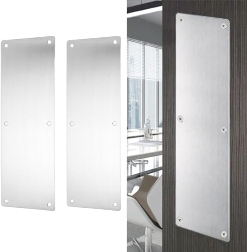 Paquete de 2 placas de puerta para puertas exteriores, placas de acero inoxidable para madera y metal, protección antiarañazos para puertas interiores y exteriores