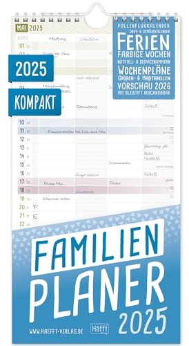Häfft® Familienplaner 2025 Kompakt mit 4 Spalten 16,5 x 32,5 cm - Wandkalender Familienkalender für 12 Monate Jan bis Dez 25 - nachhaltig & klimafreundlich