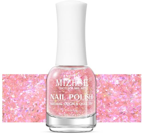 MIZHSE Rosa Nagellack mit Großer Glitzerpartikel 15ML Glitter Nagellack Schnelltrocknend, Aurora Glitter Regenbogen Nagelack Shining, Nail Polish Ohne UV Lampe Nageldesign Set DIY zu Hause Salon 15ml