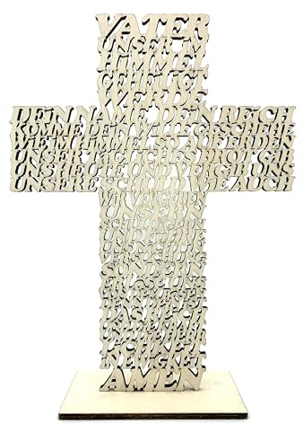 DesignByLayer Vater Unser Kreuz aus Holz mit Standfuß als Geschenk für Taufe, Hochzeit, Geburtstag, Weihnachten (Pappel (hell), 28x21cm)