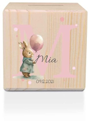 GRAVURZEILE Spardose aus Holz - Tiermotive mit Monogram - mit Namen und Datum personalisiert - Personalisierte Geschenke für Mädchen & Jungen zum Geburtstag Kommunion - Geschenk für Kinder - Hase