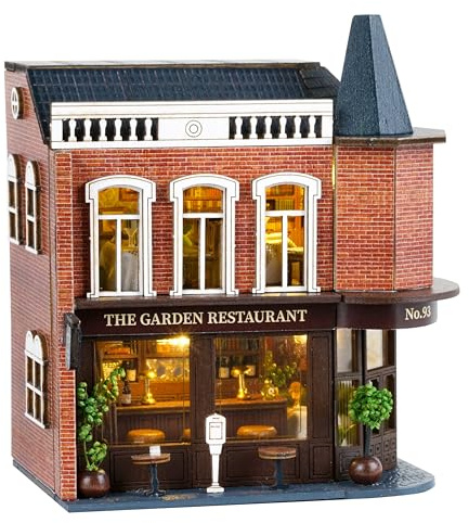 CUTEROOM Miniatur Haus, DIY Puppenhaus Set aus Holz, Mini Hausbau-Set mit Möbeln und LED Licht, Geburtstagsgeschenk für Jugendliche und Erwachsene (Garden Restaurant)