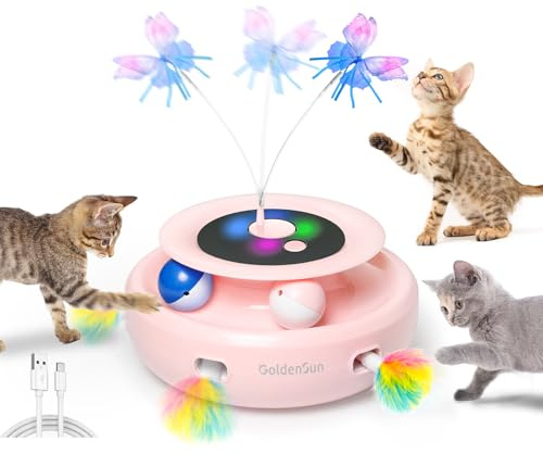 GoldenSun Jouet pour Chat, Jouet électrique Automatique 3 en 1 pour Chats, Jeu Interactif Whack-A-Mole, Papillon Flottant, Balle Incluse, Jouet pour Chat Rechargeable par USB avec 4 Accessoires
