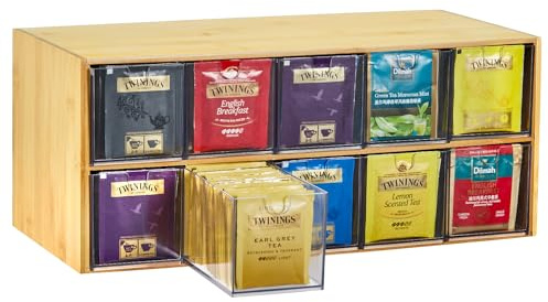 TIMIEEYA Tepåse-arrangör – bambu te förvaring med låda, 2 nivåer, för bänkskiva, kontor, kök, skåp, skafferi