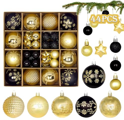 44 STK Weihnachtskugeln Schwarz Gold Set,Ø 6/4.3/3cm Kunststoff Christbaumkugeln mit Haken für Weihnachtsbaumschmuck,Baumkugeln Weihnachtsdeko Draußen und Drinnen Baumschmuck Weihnachten