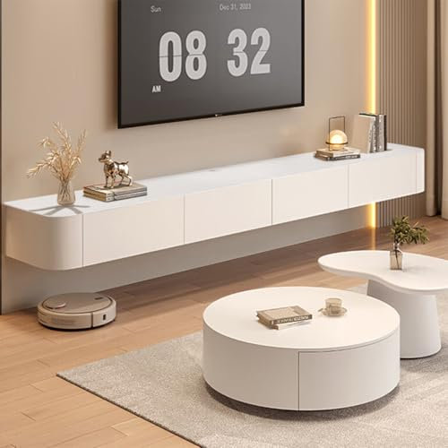 Ribanedy Modernes Schwebendes TV-Regal | Wandmontierte Unterhaltungsmedien-Konsole | Großes Aufbewahrungs-TV-Bank für Wohnzimmer & Büro (Weiß, 220cm)