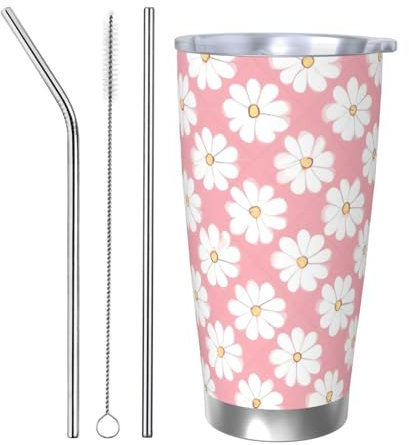 XZDAL Weiße Chrysanthemen-Texturttabelle, 590 ml, Edelstahlbecher mit einzelnem Silberrand, Doppeldeckel-Design