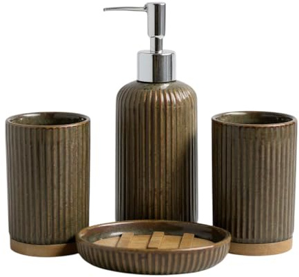 Ekilikua Home | Juego de Accesorios de baño 4 Piezas Marrón | Dispensador de jabón, Vaso baño, Soporte para Cepillo de Dientes y Bandeja Jabón | Set de baño (Cerámica Bambú)