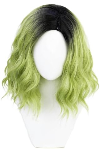 NiceLisa 35cm Kurze Grüne Ombre Kurzperücke lockiges gewelltes Haar hitzebeständige Kunsthaarperücken für Damen Cosplay Perücken