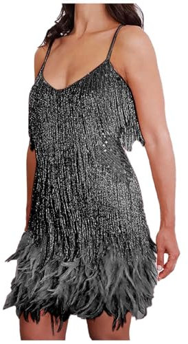 Caxndycing 1920er Jahre Kleid Damen Kleider Glitzer Minikleider Elegant Armellos Fransen V-Ausschnitt Rückenfreies Bodycon Kleid Partykleider Hochzeit Club Cocktailkleid