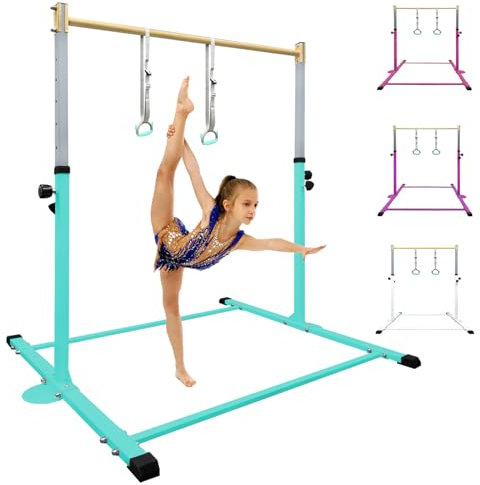 HomeSun Gymnastikstange für Kinder Robuste Kip Bar mit Ringen horizontale Turnreck für Heimtraining Höhenverstellbar 90-150cm Trainingsgerät bis 100 kg Alter 3-15 (Reck, Teal)