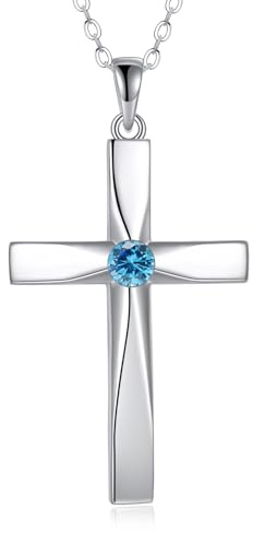 DAYLINLOVE Cross Pendant Necklace 925 Sterling Silver Origami Cross Birthstone Pendant Necklace Religious Cross Gifts for Women Mother‘s Day Jewellery Gifts (03-Mar)