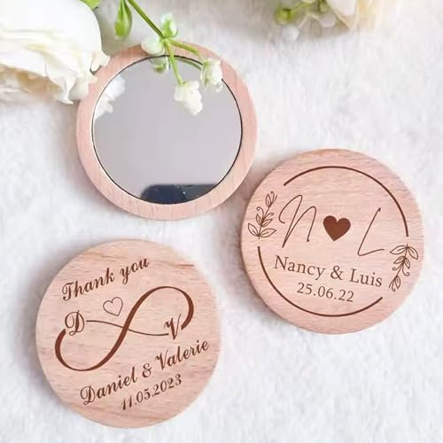 1-100 Stück Personalisierter Holzspiegel, Tragbarer Runder Kompakter Taschenspiegel Mit Gravur, Brautjungfern-Hochzeitsgeschenke, Individuelles Taufgeschenk, Personalisiertes Hochzeits-Party(10pcs)