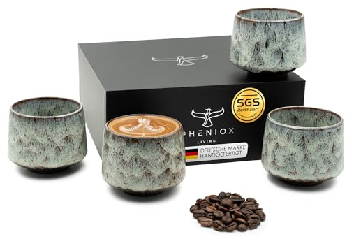 Pheniox | Juego de tazas de capuchino Tibet Light Green | 4 piezas | 180 ml | tazas de gres de alta calidad | sin asa | lavavajillas | café | café | café | café | café | café | café | moca | regalo