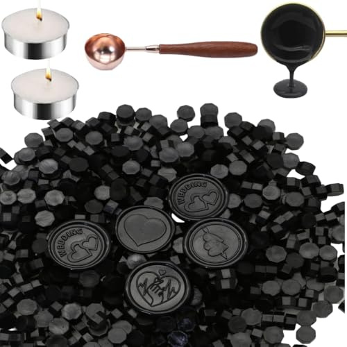 150 Pcs Octagon Sealing Wachs Perlen Schwarz Wachs Seal Perlen mit 2Pcs Tee Kerzen und 1 Pcs Wachs Schmelzlöffel für Handwerk Brief Wein Grußkarten Versiegelung (150, Schwarz)