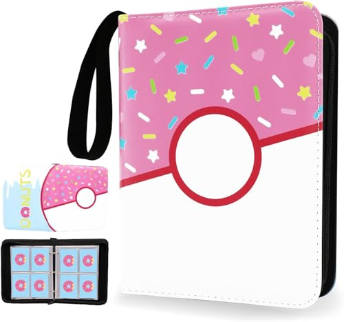 Card Binder 4 Pockets, 400 Pockets Card Holder with 50 Removable Sleeves, Trading Card Collector Zipper Album Holder (Pink Doughnut)