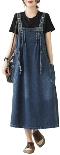 Women'S Casual Dresses, Women'S Denim Pinafore Dress Elegant Dark Blue Sleeveless Tank Dress Summer Casual Loose Denim Dungaree Dress