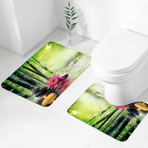FEHWI Badematten Set 2-teilig, Badematten und WC Vorleger rutschfest & Waschbar,Bambus-Lotus-Spa für orientalische japanische asiatische Zen-Meditationsblume,Luxus Dicke Mikrofaser Badezimmerteppich