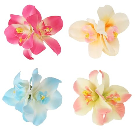4pcs Pinces Cheveux Fleur Artificielle pour Femmes, Barrettes Fleur Hawaïenne Hibiscus Plumeria Épingles Cheveux Bohèmes Accessoires Capillaires pour d’Été Bord Mer Mariage (4 Couleurs)