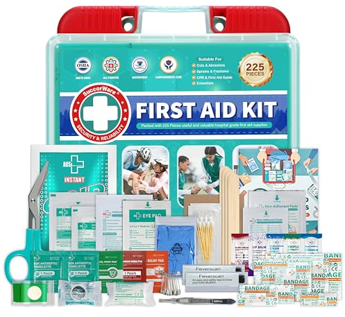 SuccorWare 225 Pieces First Aid Kit, Includes Ice Pack, Adhesive Bandages, Wound Gauze Pads, Portable First Aid Bag for Home, Car, Business, Travel, Outdoor Emergency Medical Kits