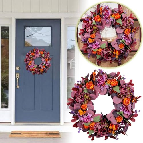 DecorbyHannah Fall Wreaths for Front Door, 24 Inch Collasible Lighted Autumn Door Wreath with Golden Boxwood Pinecone Pomegranate Thanksgiving Home Wall Window Indoor Outdoor Heart (Purple, 45cm)