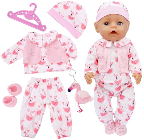 WanderGo Baby Puppen Puppenkleidung 35-43 cm, 6-teiliges Outfit mit Oberteil + Hose + Socken + Mütze + Kleiderbügel +Puppenornament Flamingo-Motiv Babypuppe Kleidung für 14-18 Zoll Puppen(Ohne Puppe)