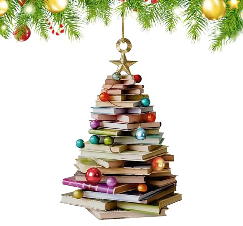Weihnachtsbaum Anhänger, Weihnachtsbaum Form Bücherregal Anhänger, Weihnachtsbaumschmuck Lustig, Bücher Gestapelt Ornament, Acryl, Christbaumschmuck für Weihnachten Deko