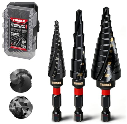 TUMAX 3 PCS M35 Cobalt Step Drill Bit Set with TiAlN Coating, 1/4 Hex Shank Impact Ready, 1/8 to 7/8 HSS-Co Multi-Hole Unibit with Dual-Spiral Flute for Stainless Steel, Metal, HVAC, Electrical