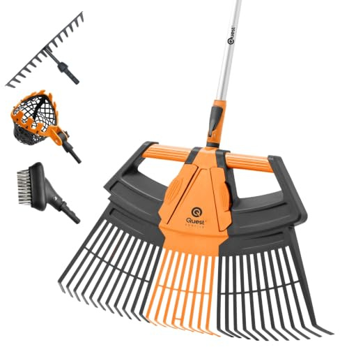 Quest 5in1 Multifunktionales Gartenwerkzeug, Laubrechen - erweiterbar | Laubgreifer, Metallharke, Obstpflücker, Pflasterbürste & Gartenrechen mit Teleskopstiel, ergonomisch & leicht