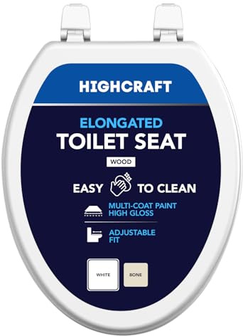 HIGHCRAFT Elongated Toilet Seat with Adjustable Hinges - Molded Wood Toilet Seat - Fits Standard Elongated Toilets - Oval Seat in White