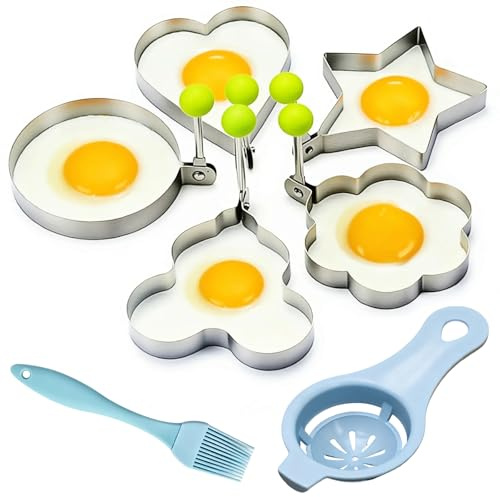 7 PCS Stainless Steel Non-Stick Egg Rings Set - Pancake Molds, Star & Flower Shapes for Frying Pan (Multi-Shape Egg & Pancake Maker)