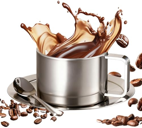 Tasses à café en métal – à double paroi de 200 ml, anti-déversement avec cuillère, tasse à thé et soucoupe, balcon de jardin extérieur, pique-nique, camping, fête, fournitures de maison pour