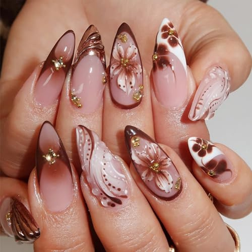 24pcs Medium Almond False Nails - Press On Nails with Brown Blooming Caramel Amber Design - Full Cover Fake Nails Removable Glue-on Acrylic Stick on Nails for Women Girls