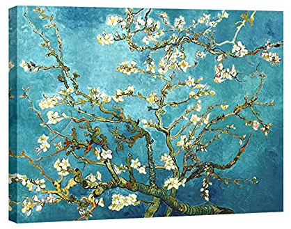 Wieco Art Almond Blossom Modern Framed Floral Giclee Canvas Prints By Van Gogh Famous Oil Paintings Reproduction Flowers Pictures on Canvas Wall Art Ready to Hang for Bedroom Home Decorations