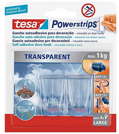 tesa 58813-00002-00 Pack mit 2 Haken (XL-Format) und 4 Powerstrip-Klebestreifen, transparent