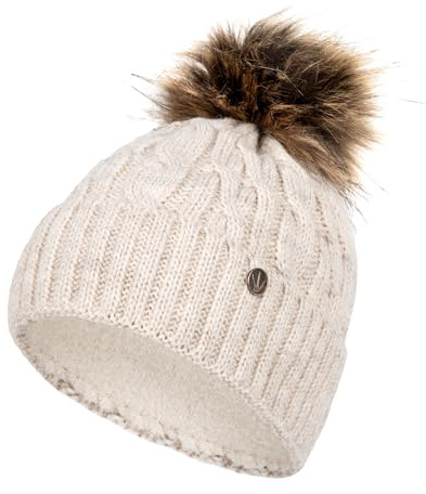 HEYO Vintermössa för damer med fuskpäls pom pom | slouch beanie lång vinter H18527 | varm stickad mössa kvinna (beige)