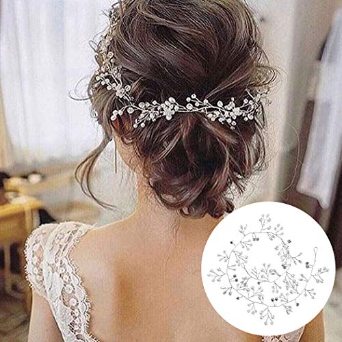 50cm Haarschmuck Hochzeit,Kopfschmuck Hochzeit Haardraht Haarschmuck Braut Perlen Strass Silber Blumen Haarband,Brautschmuck Haarreif Hochzeit Vintage Stirnband Braut Haarranke für Frauen und Mädchen