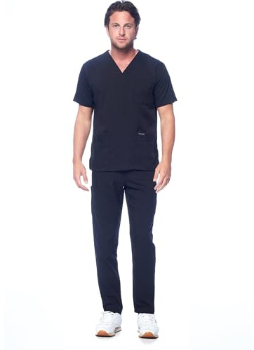 Dagacci Medical Uniform Unisex Women and Men’s V-Neck Super Stretch Scrub Set, Black, M