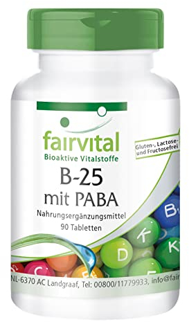 Fairvital | Vitamina B Complex - B-25 con PABA - Complejo de Vitamina B + Colina, Ácido fólico, Inositol y PABA (Ácido para-aminobenzoico) - VEGANO - Dosis elevada - 90 Comprimidos - Calidad Alemana