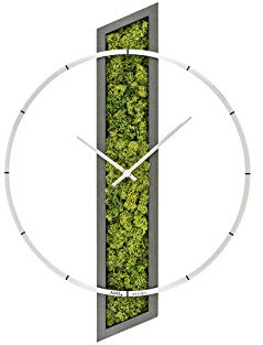 AMS 9605 Wanduhr mit Holzgehäuse, Moos-Elementen und Aluminiumring, Grünes Zifferblatt, Quarz-Uhrwerk, 40 x 55 x 5 cm