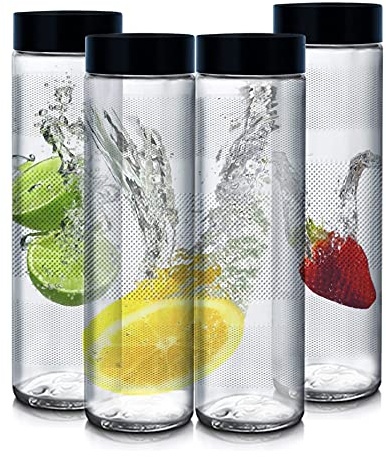 Brezzycloud Glass Food Grade Airtight Water Bottle with Leak-Proof Black Color Plastic Lid - Water, Smoothie, Juicer and Beverage Glasses - 750ml (Set of 4)