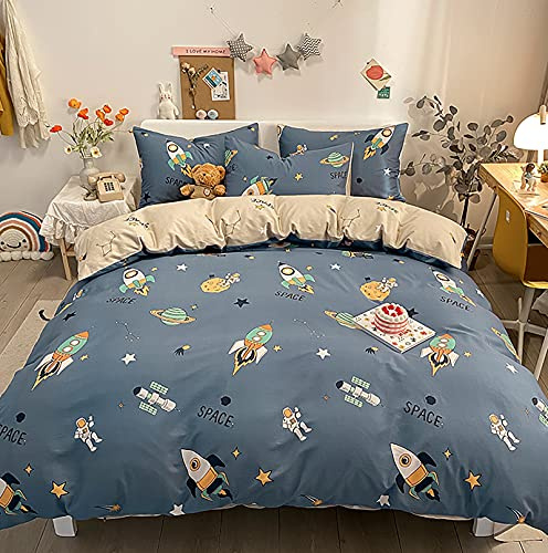 Yaofeiou Kinder Weltall Bettwäsche 100x135cm Baumwolle Baby-Bettwäsche Blau Bettbezüge Weltraum Planeten Muster Mädchen Jungen Wendebettwäsche mit Kissenbezug 40x60cm