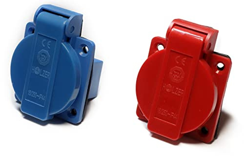 HOLZER 8 unidades de enchufe Schuko de 16 A para ambientes húmedos, PA6, con junta de brida (4 azules, 4 rojos)