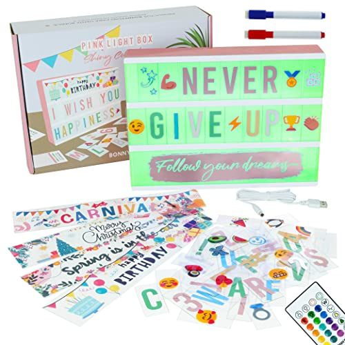 BONNYCO Light Box Rosegold A4 16 Farben mit 400 Buchstaben und Emojis, 10 Premium Karten, Fernbedienung, 2 Stifte, Ä Ö Ü ß Enhalten. Lichtbox Led mit Buchstaben, Geschenke für Frauen and Mädchen